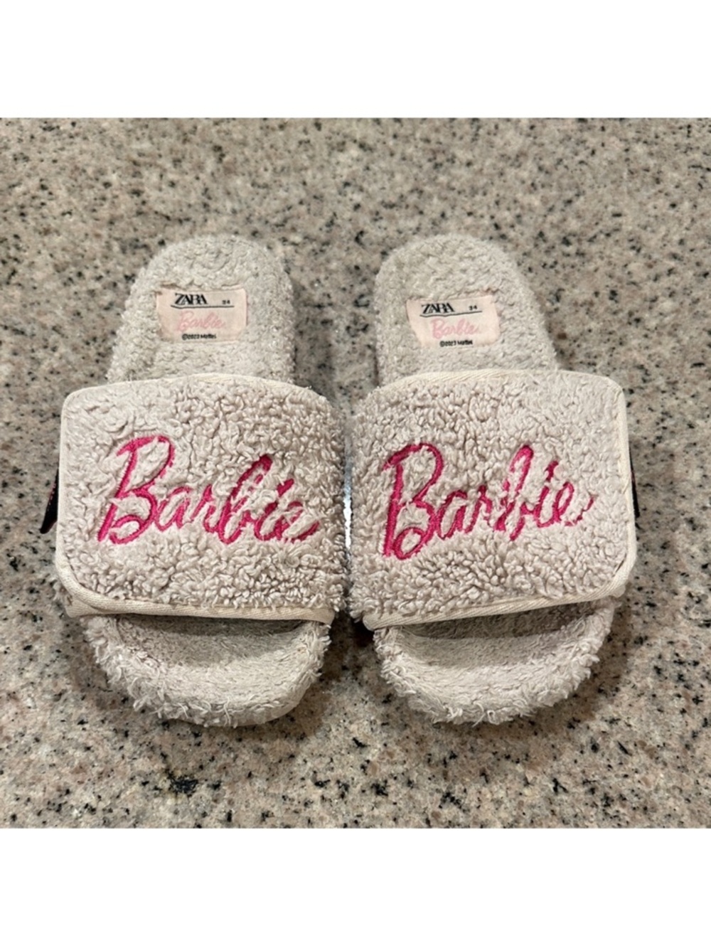 Zara Cream Slippers with Pink Barbie Logo